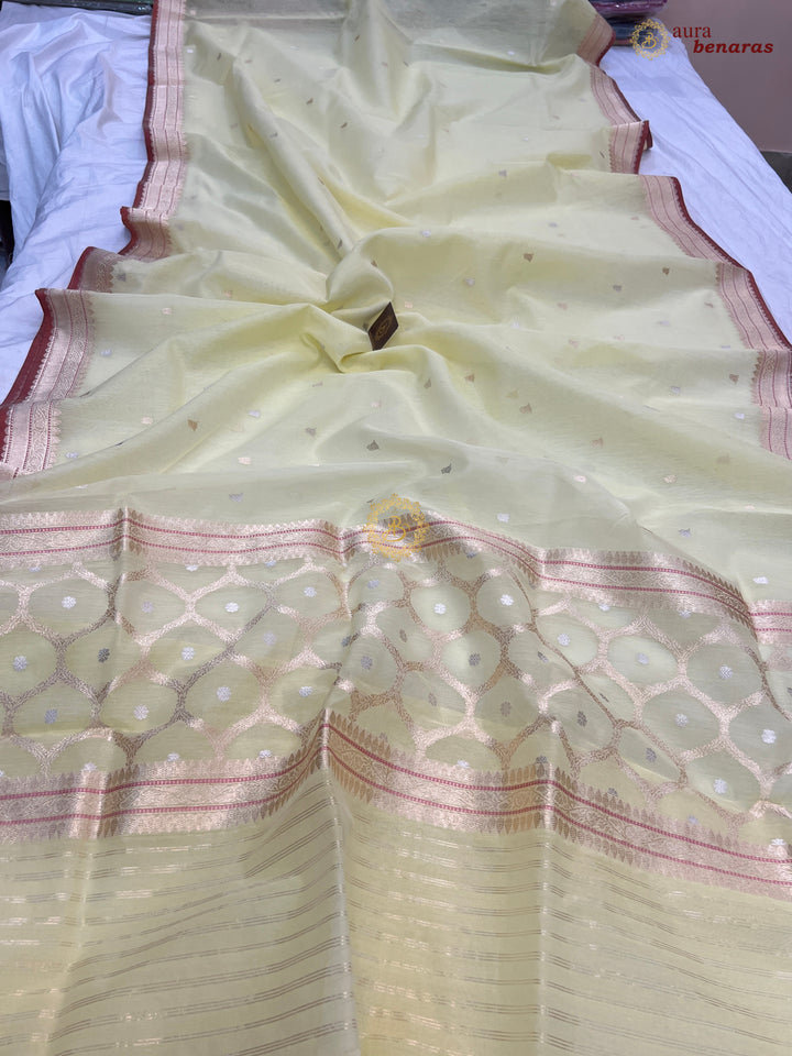 Pastel Yellow Kora Cotton Silk Banarasi Saree with Kadhwa Butis
