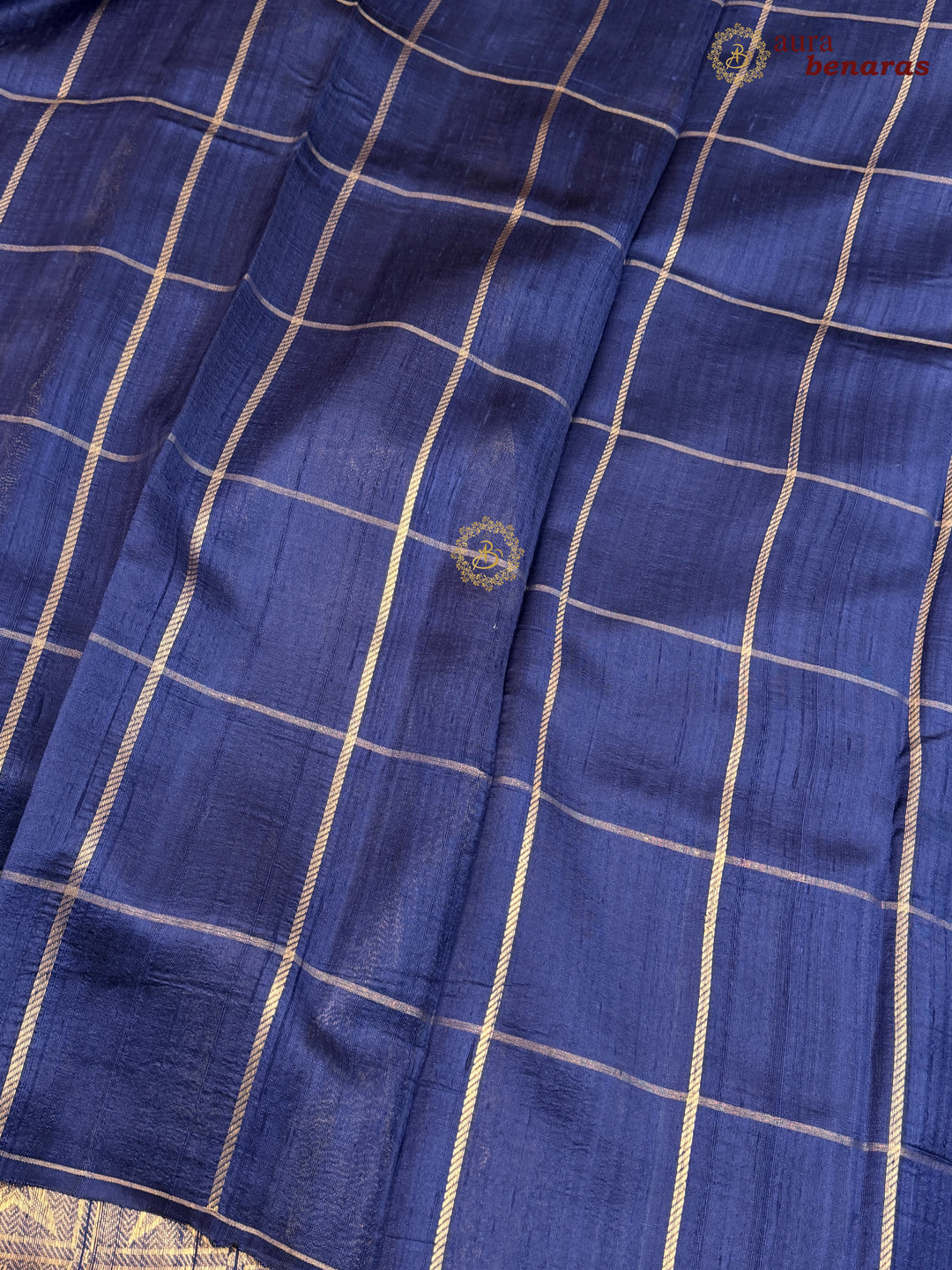 Navy Blue Pure Raw Silk Banarasi Saree | Checks & Meenakari