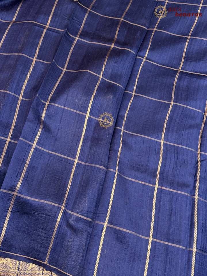 Navy Blue Pure Raw Silk Banarasi Saree | Checks & Meenakari