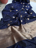 Navy Blue Banarasi Handloom Katan Satin Silk Saree - Aura Benaras