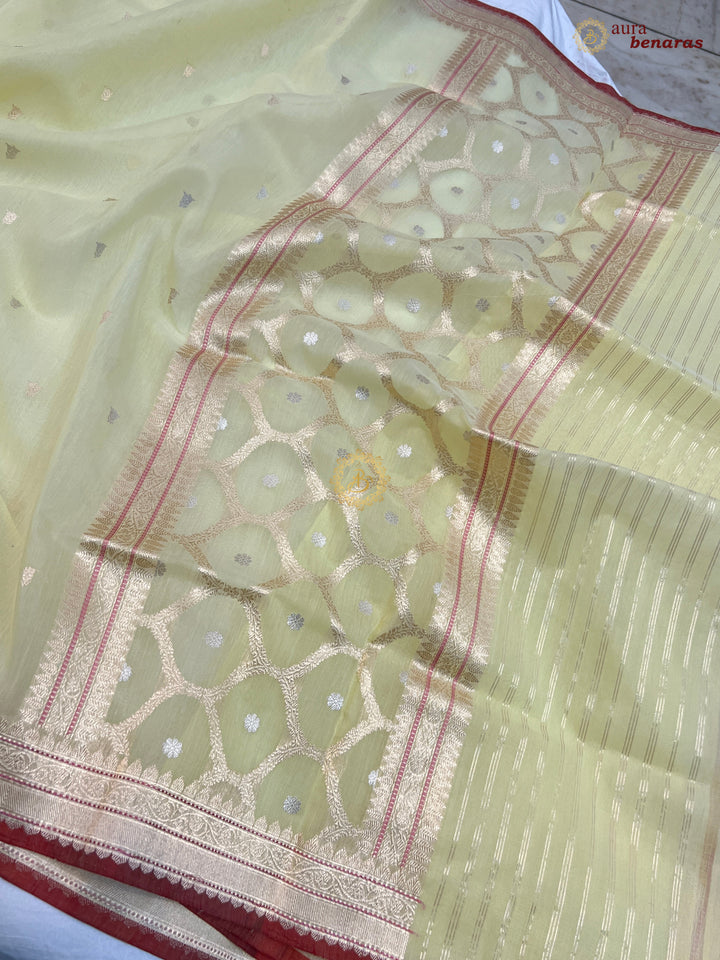 Pastel Yellow Kora Cotton Silk Banarasi Saree with Kadhwa Butis