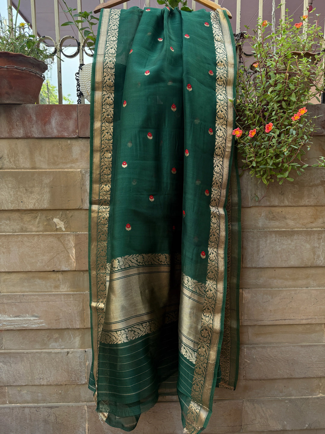 Bottle Green Kora Silk Banarasi Dupatta with Kadhwa Zari Work