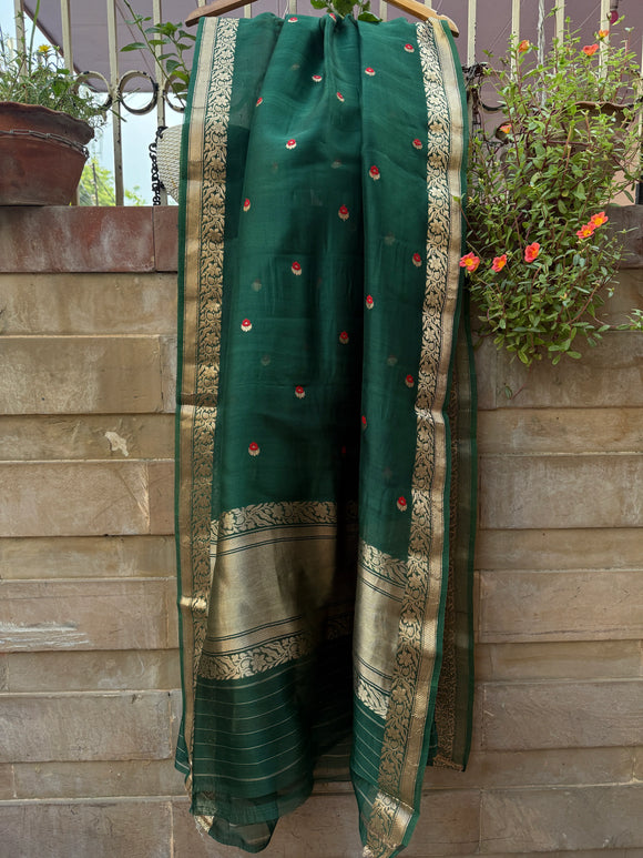 Bottle Green Kora Silk Banarasi Dupatta with Kadhwa Zari Work