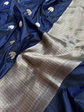 Navy Blue Banarasi Handloom Katan Satin Silk Saree - Aura Benaras