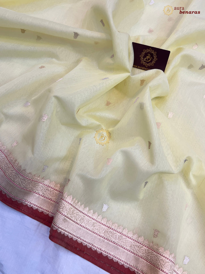 Pastel Yellow Kora Cotton Silk Banarasi Saree with Kadhwa Butis