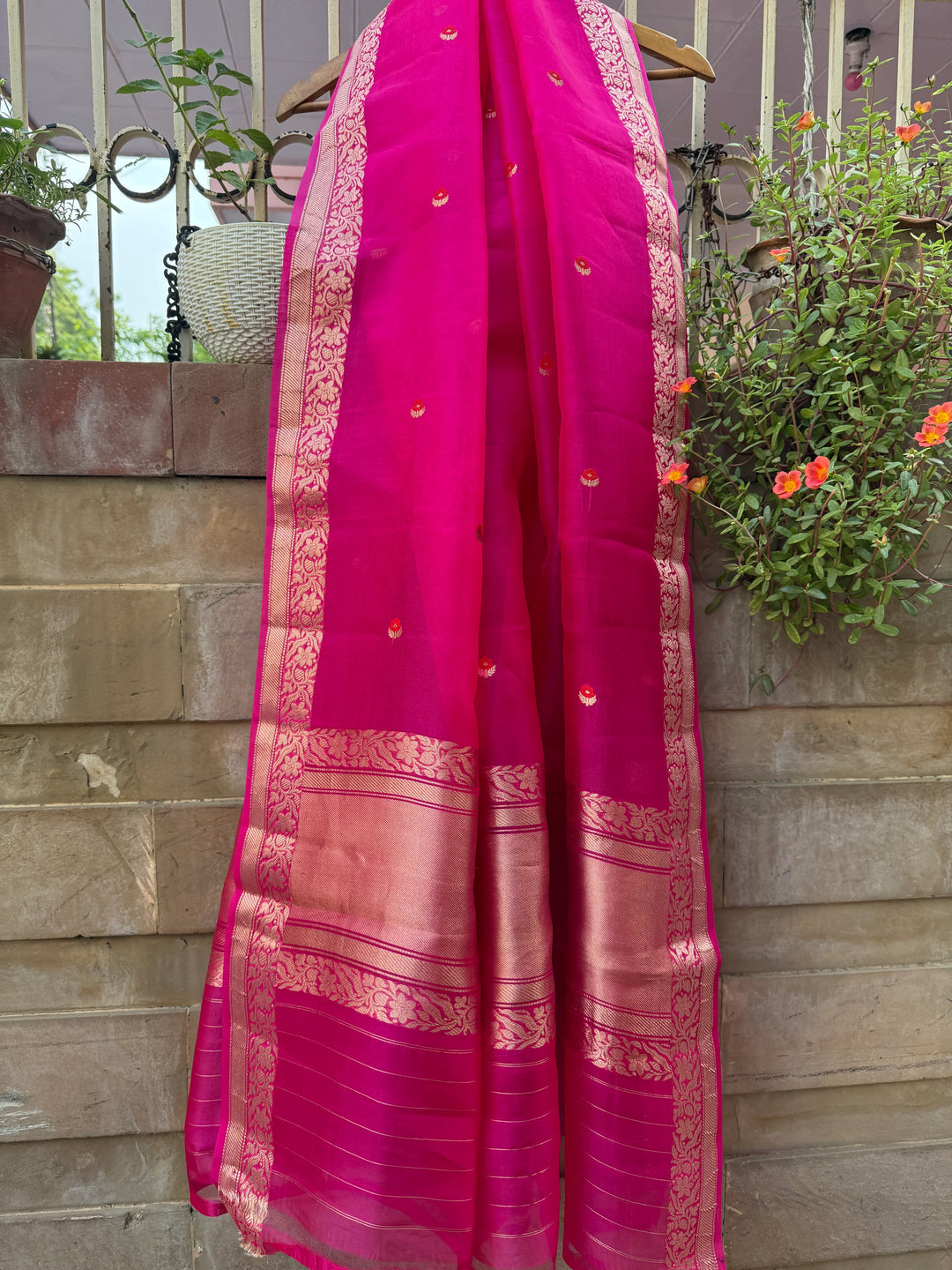Rani Pink Kora Silk Banarasi Dupatta with Kadhwa Zari Work