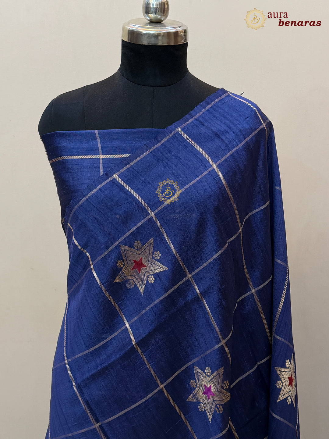 Navy Blue Pure Raw Silk Banarasi Saree | Checks & Meenakari