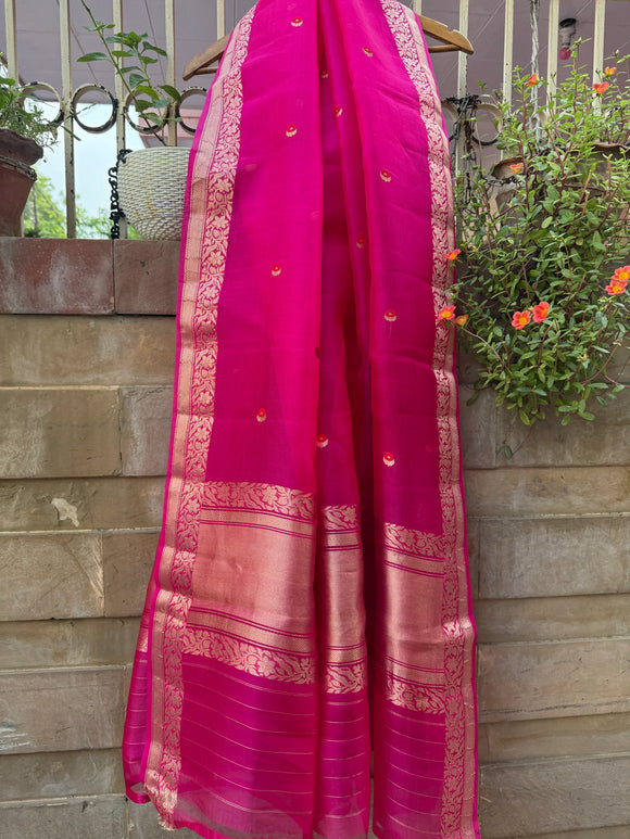 Rani Pink Kora Silk Banarasi Dupatta with Kadhwa Zari Work