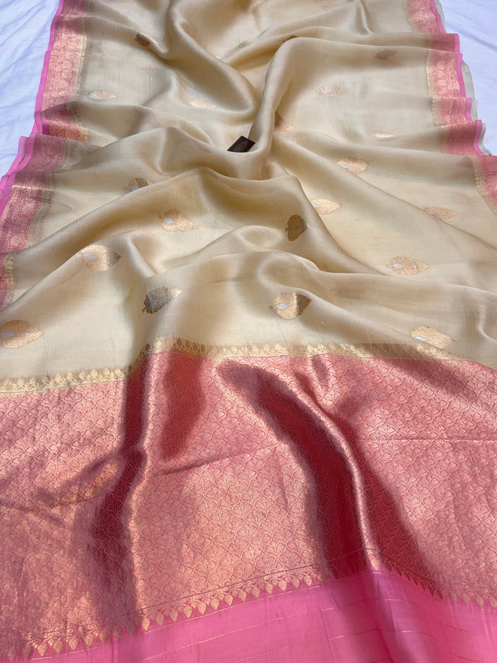 Pastel Yellow Pure Kora Silk Handloom Banarasi Saree