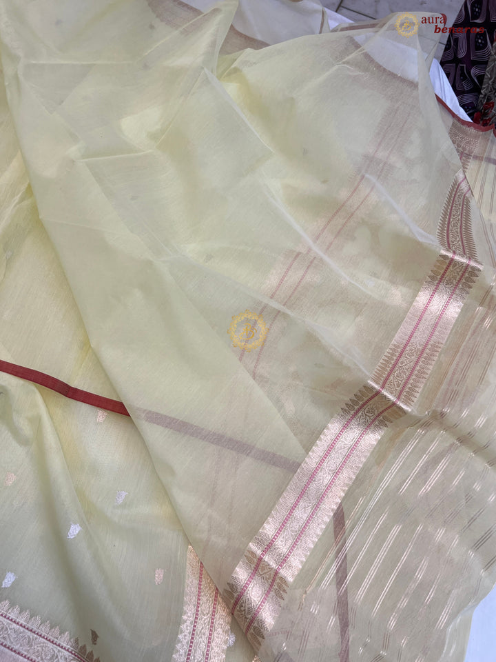 Pastel Yellow Kora Cotton Silk Banarasi Saree with Kadhwa Butis