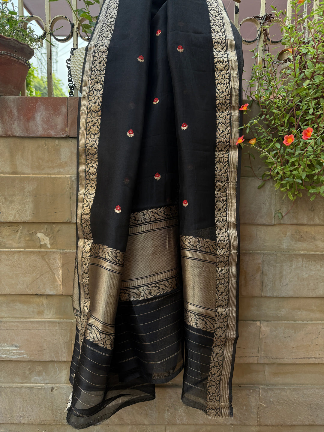 Black Kora Silk Banarasi Dupatta with Kadhwa Zari Work
