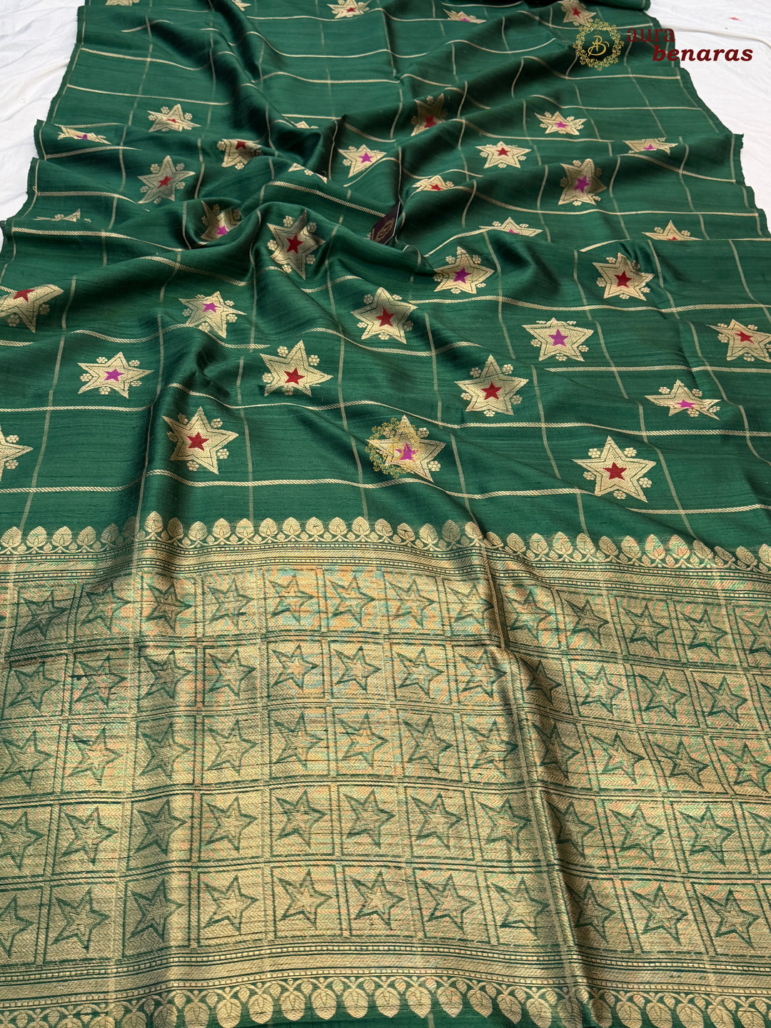 Green Pure Raw Silk Banarasi Saree | Checks & Meenakari