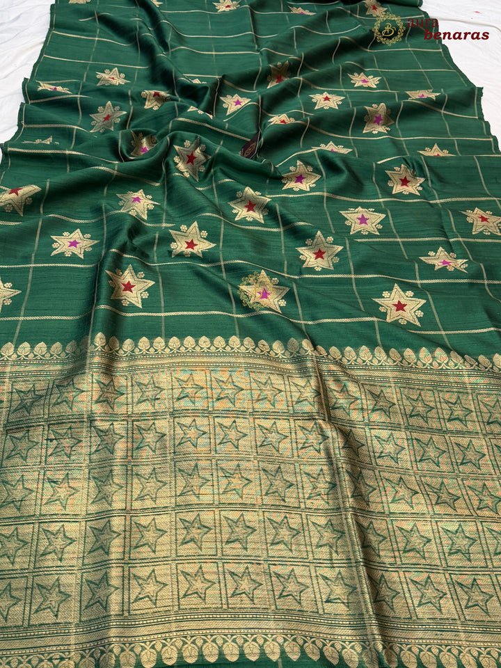 Green Pure Raw Silk Banarasi Saree | Checks & Meenakari