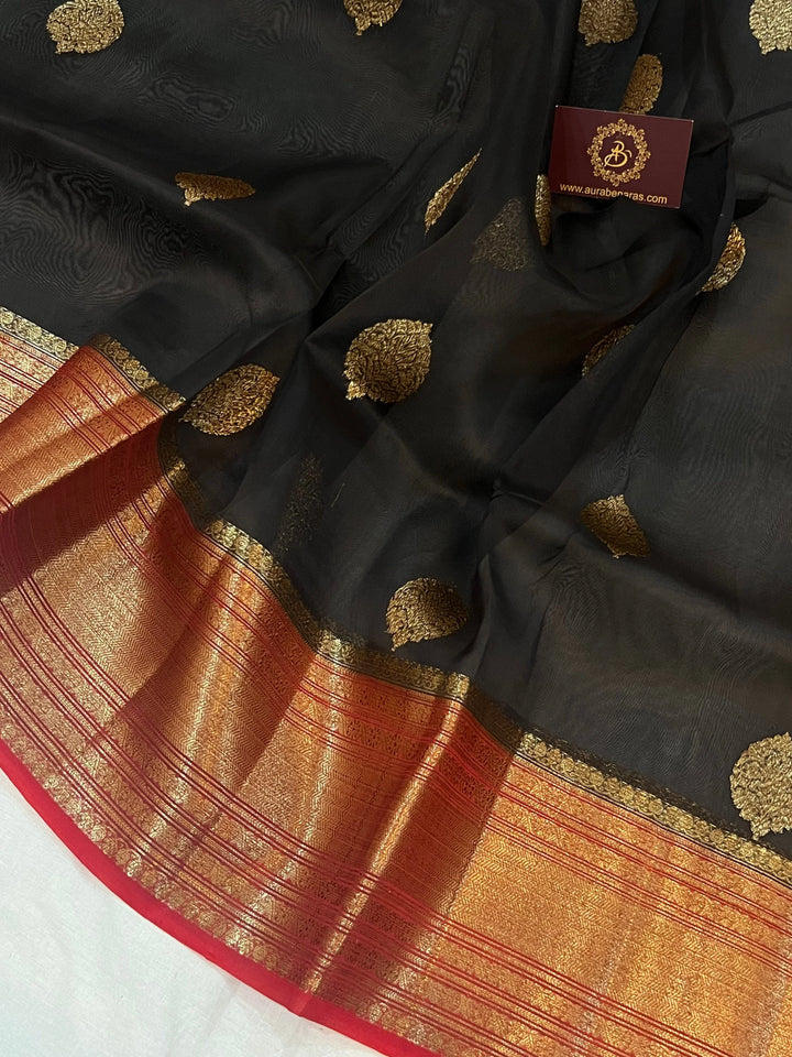 Black Banarasi Handloom Kora Silk Saree - Aura Benaras