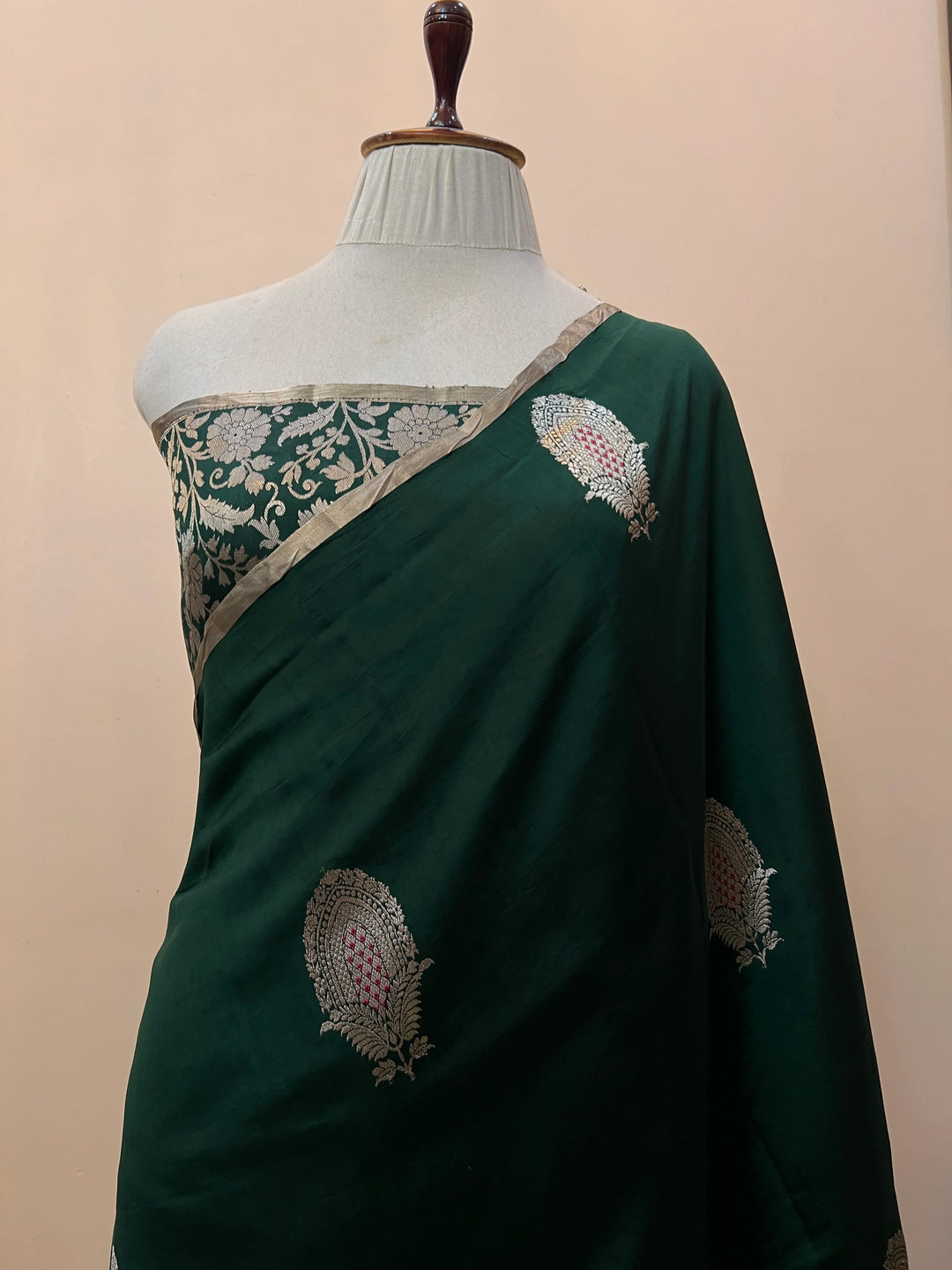 Bottle Green Pure Silk Handloom Banarasi Saree