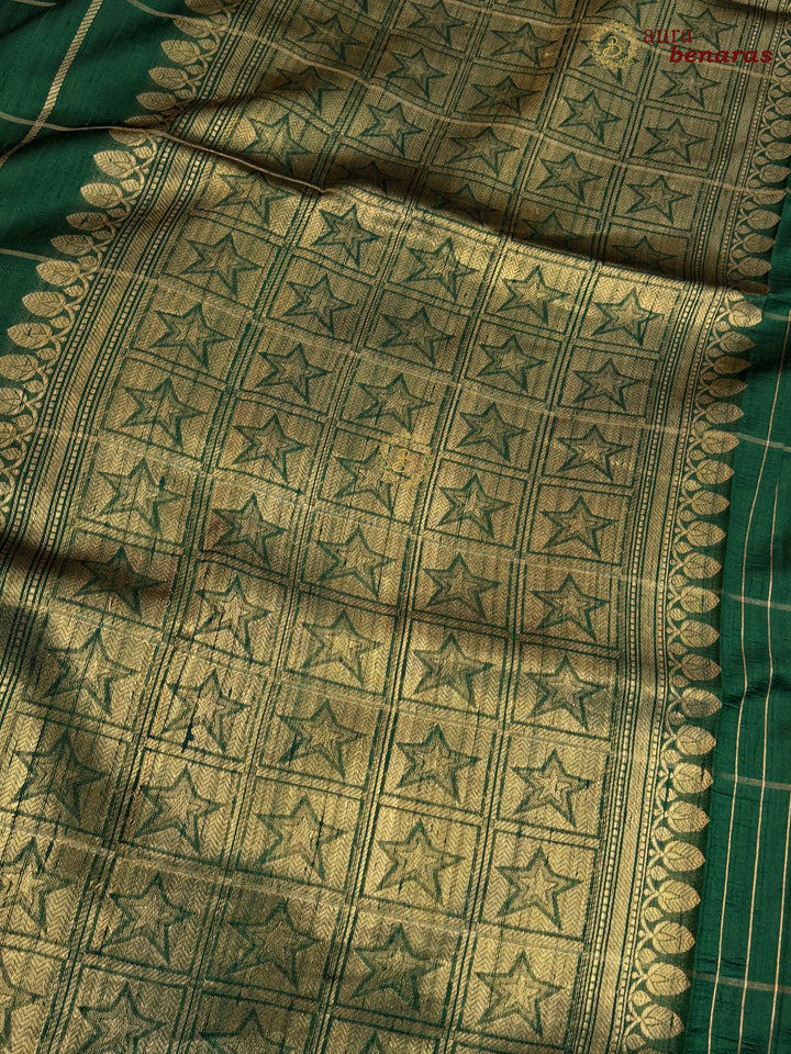 Green Pure Raw Silk Banarasi Saree | Checks & Meenakari
