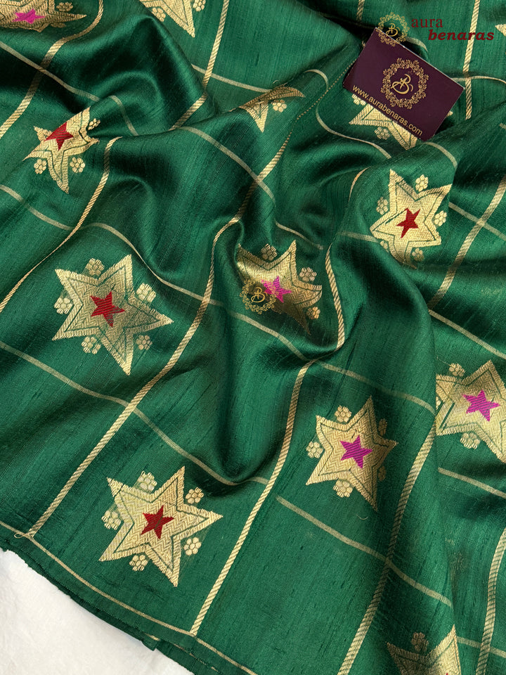Green Pure Raw Silk Banarasi Saree | Checks & Meenakari