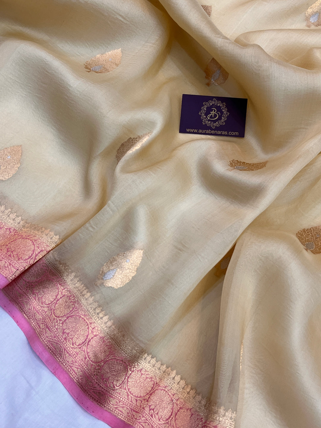 Pastel Yellow Pure Kora Silk Handloom Banarasi Saree