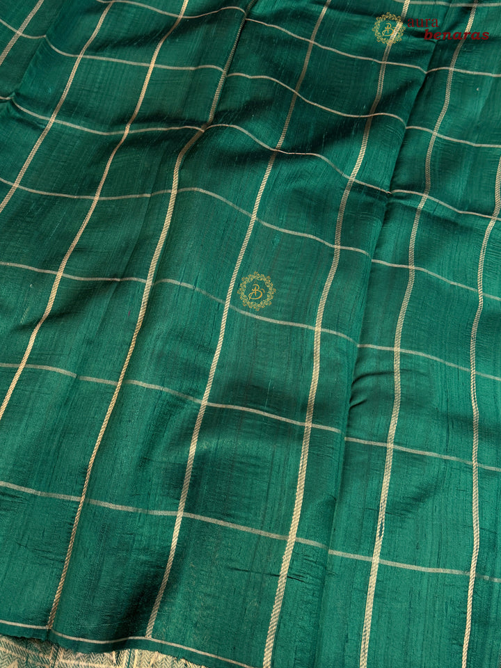 Green Pure Raw Silk Banarasi Saree | Checks & Meenakari