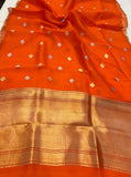 Orange Banarasi Handloom Kora Silk Saree - Aura Benaras