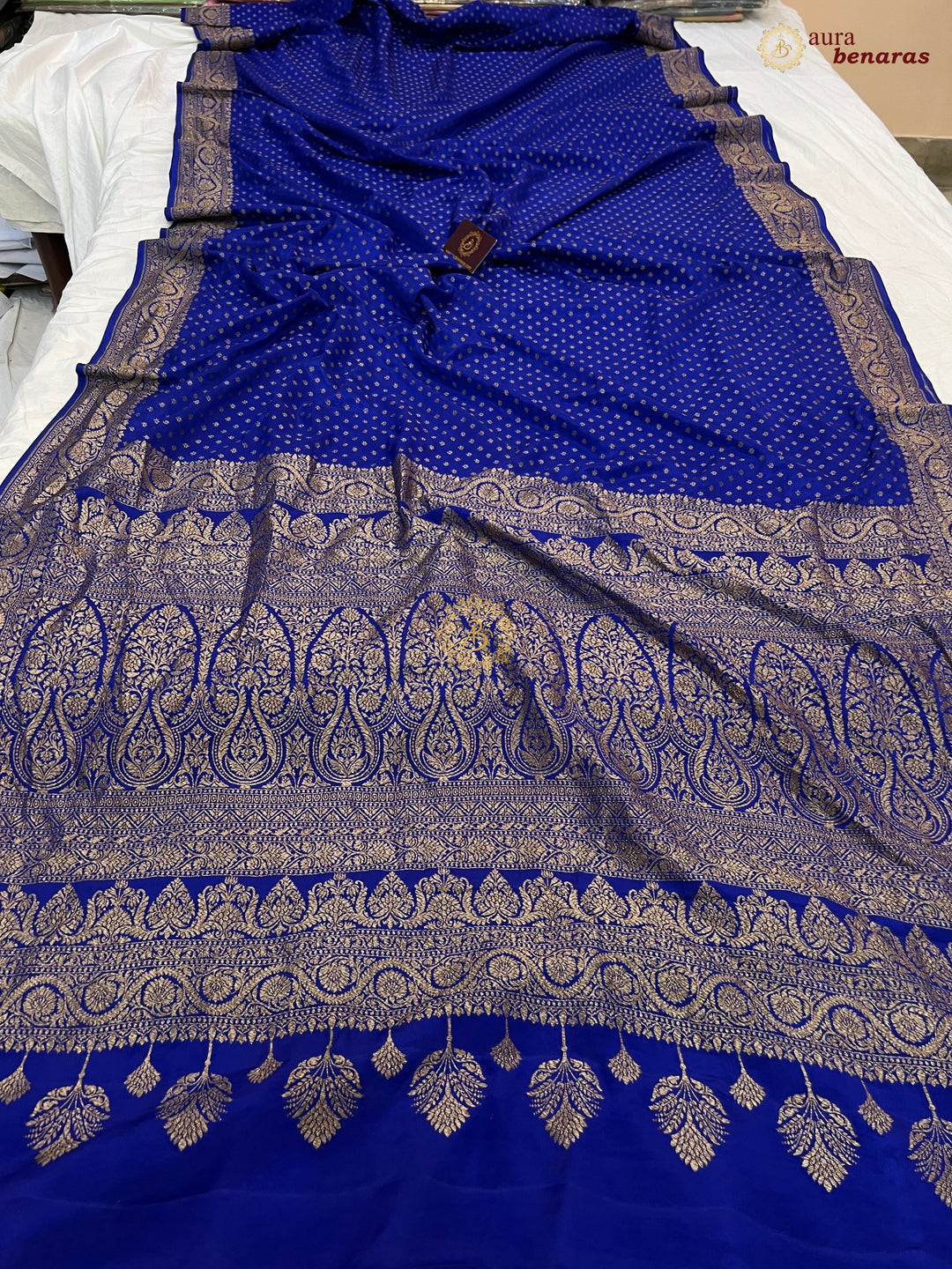 Royal Blue Pure Banarasi Khaddi Crepe Silk Saree - Aura Benaras