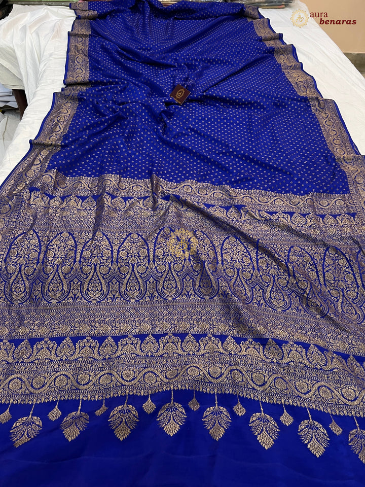 Royal Blue Pure Banarasi Khaddi Crepe Silk Saree - Aura Benaras