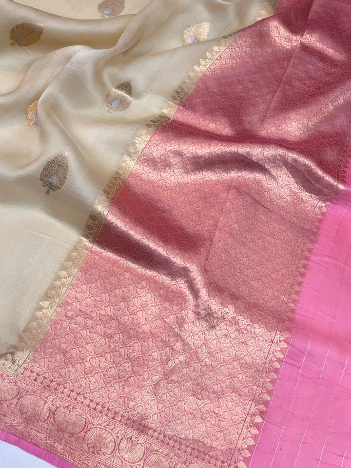 Pastel Yellow Pure Kora Silk Handloom Banarasi Saree