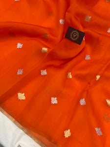 Orange Banarasi Handloom Kora Silk Saree - Aura Benaras