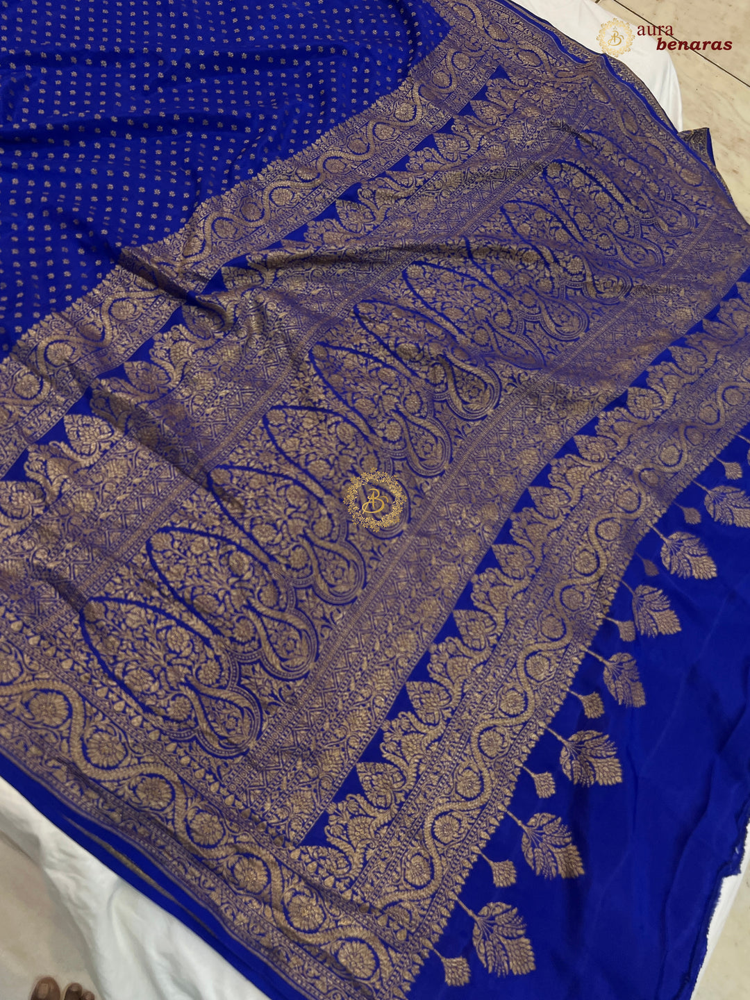 Royal Blue Pure Banarasi Khaddi Crepe Silk Saree - Aura Benaras