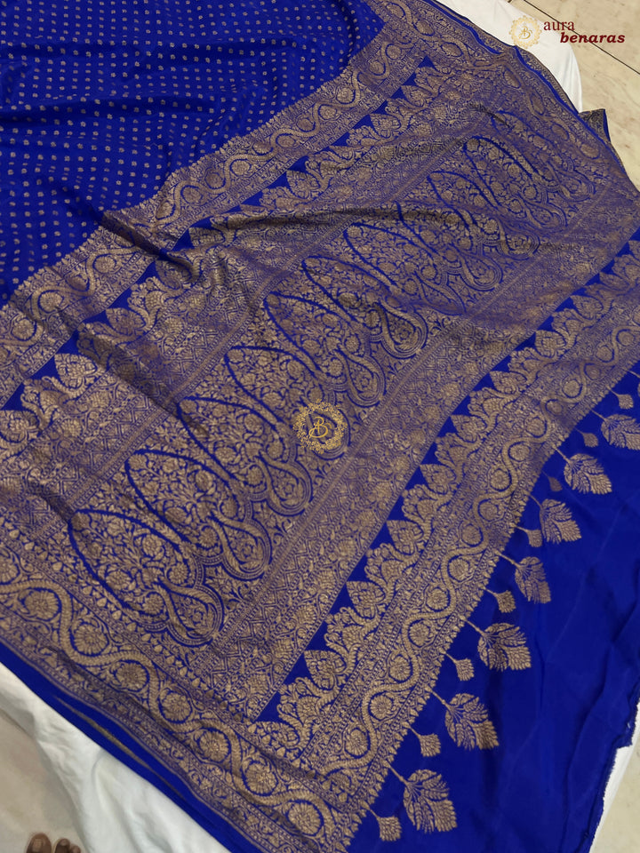 Royal Blue Pure Banarasi Khaddi Crepe Silk Saree - Aura Benaras