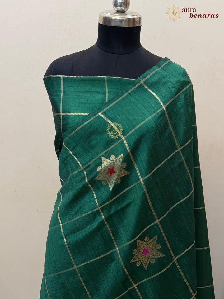 Green Pure Raw Silk Banarasi Saree | Checks & Meenakari