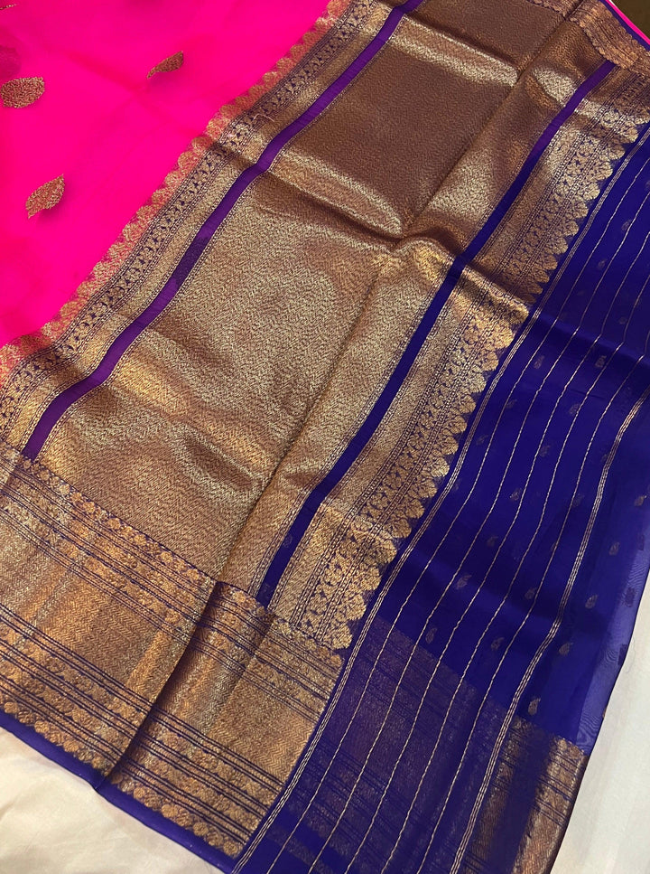 Rani Pink Banarasi Handloom Kora Silk Saree - Aura Benaras