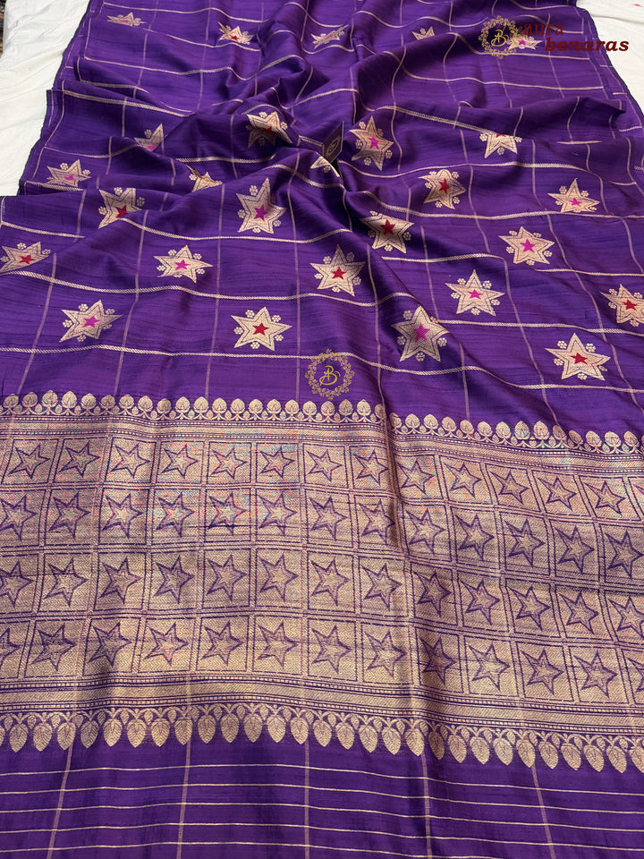 Purple Pure Raw Silk Banarasi Saree | Checks & Meenakari