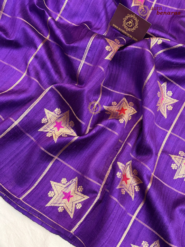 Purple Pure Raw Silk Banarasi Saree | Checks & Meenakari