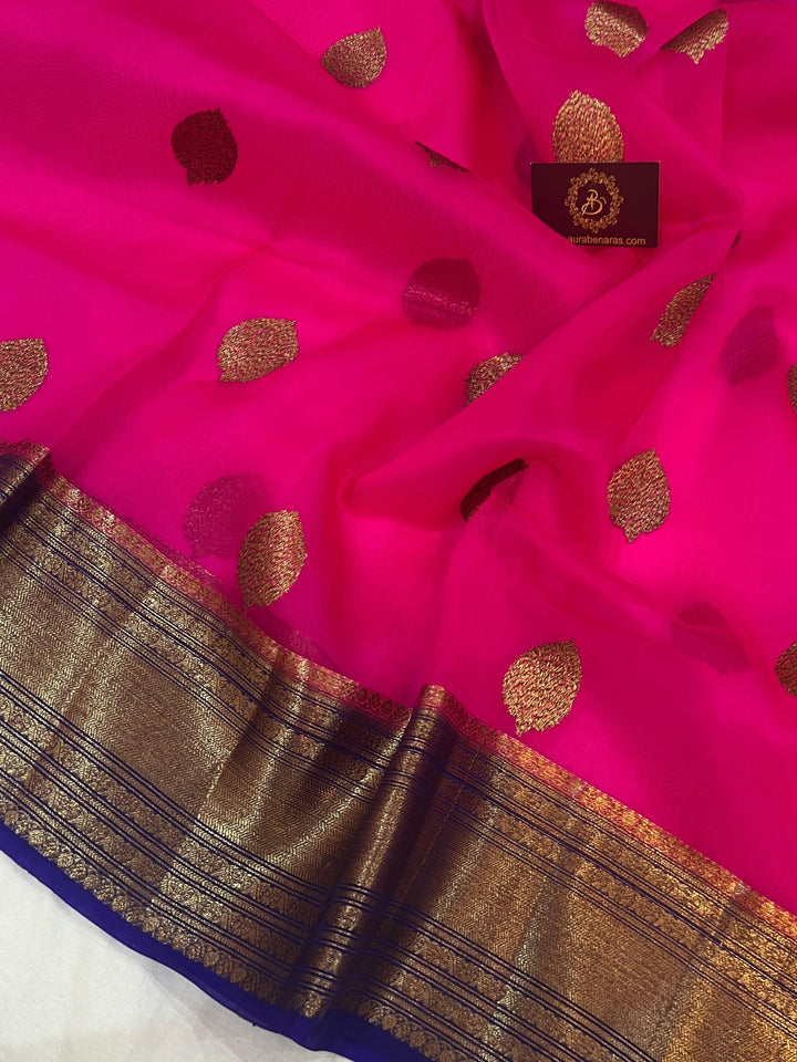 Rani Pink Banarasi Handloom Kora Silk Saree - Aura Benaras