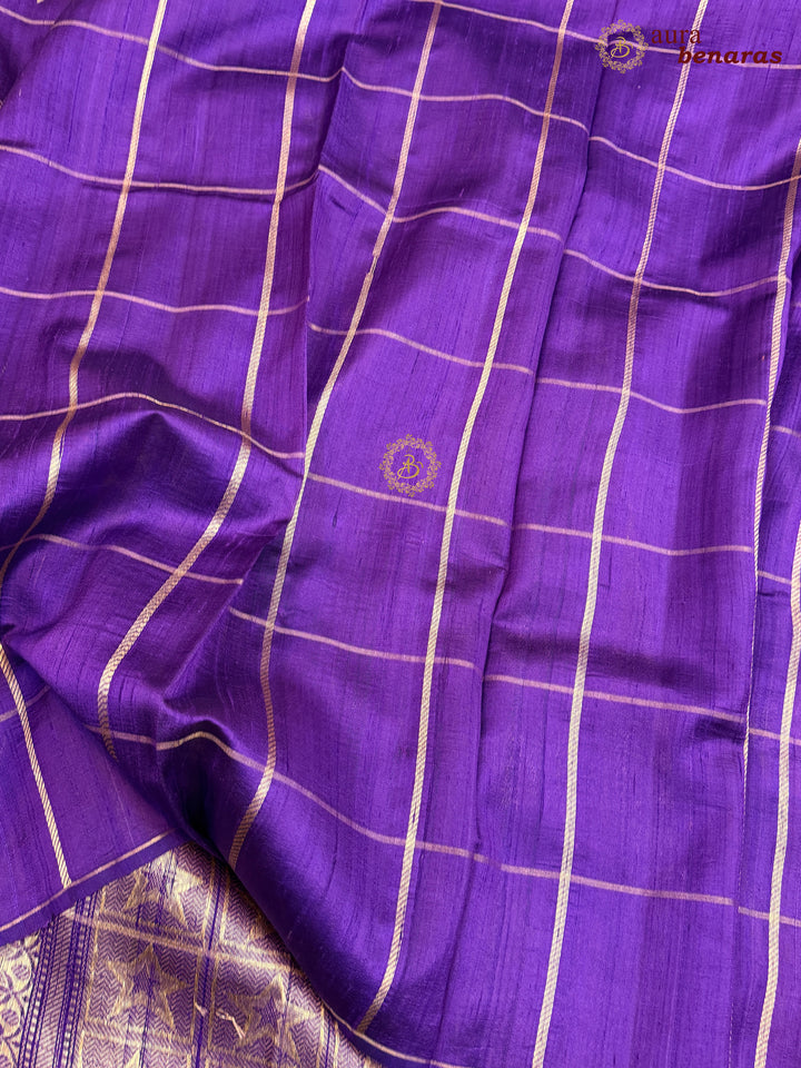 Purple Pure Raw Silk Banarasi Saree | Checks & Meenakari