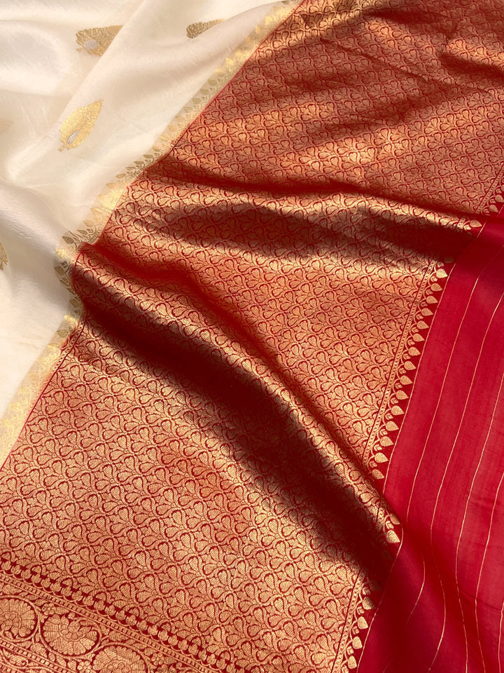 Cream Pure Kora Silk Handloom Banarasi Saree