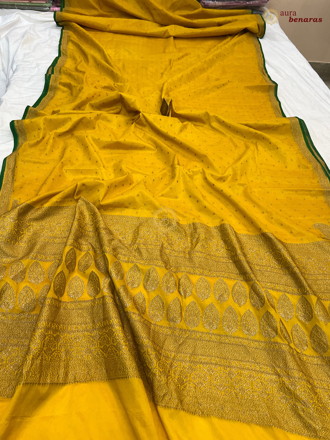 Mustard Yellow Pure Banarasi Khaddi Crepe Silk Saree - Aura Benaras