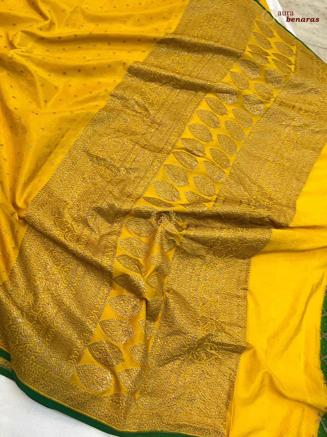 Mustard Yellow Pure Banarasi Khaddi Crepe Silk Saree - Aura Benaras