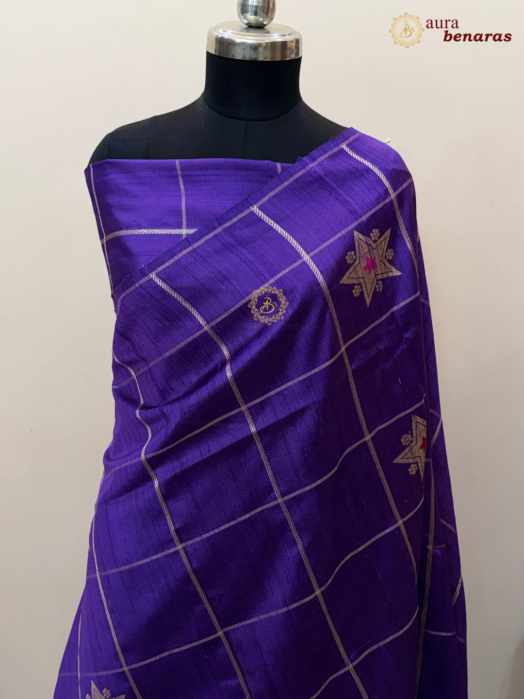 Purple Pure Raw Silk Banarasi Saree | Checks & Meenakari