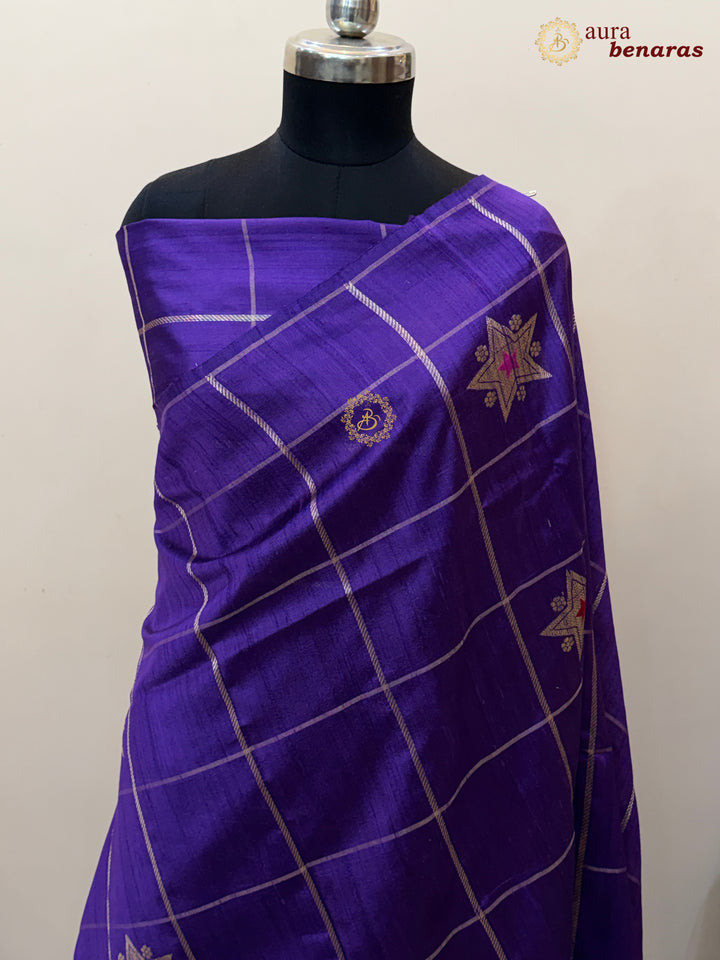 Purple Pure Raw Silk Banarasi Saree | Checks & Meenakari