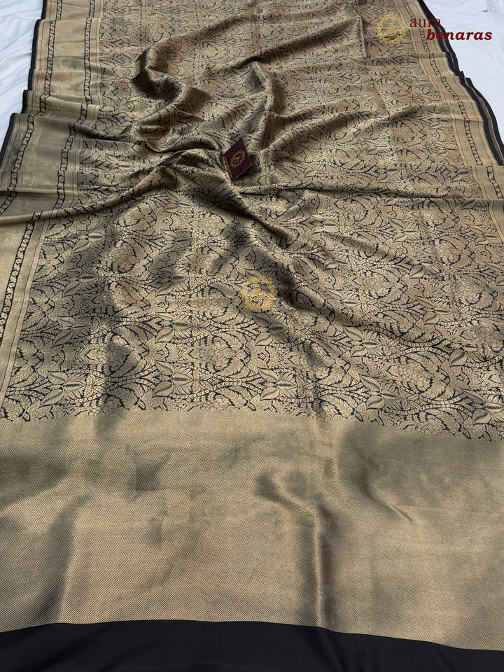 Black Katan Silk Banarasi Saree with Floral Brocade Work