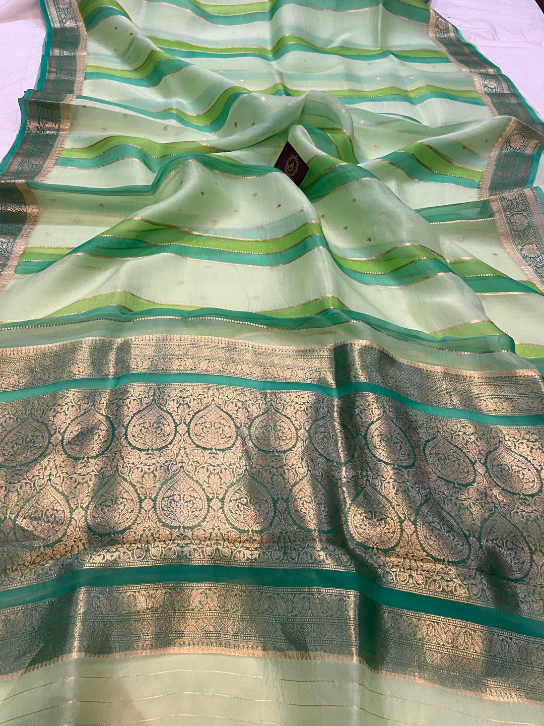 Pista Green Rangkaat Pure Banarasi Handloom Kora Silk Saree - Aura Benaras