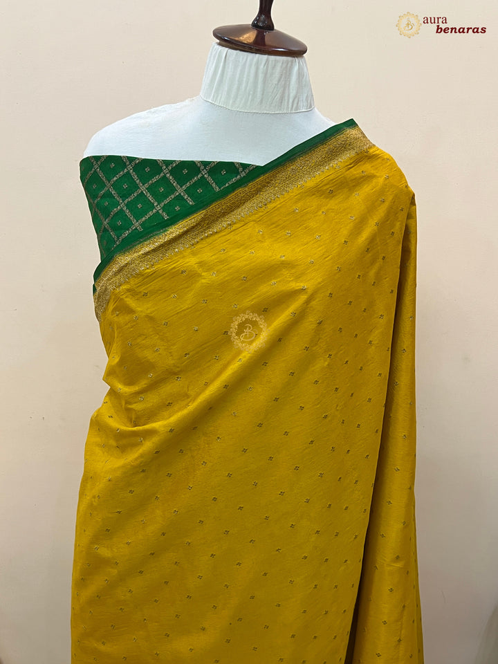 Mustard Yellow Pure Banarasi Khaddi Crepe Silk Saree - Aura Benaras
