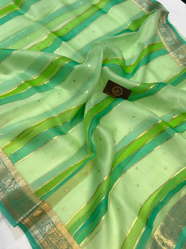 Pista Green Rangkaat Pure Banarasi Handloom Kora Silk Saree - Aura Benaras