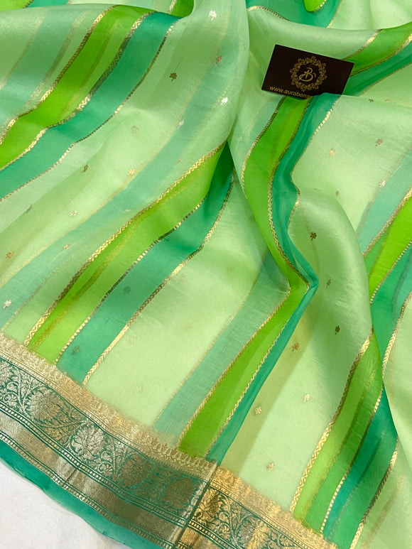 Pista Green Rangkaat Pure Banarasi Handloom Kora Silk Saree - Aura Benaras