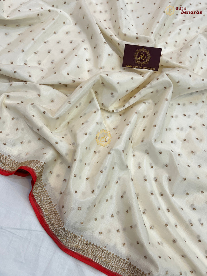 Off White Pure Crepe Silk Handloom Banarasi Saree