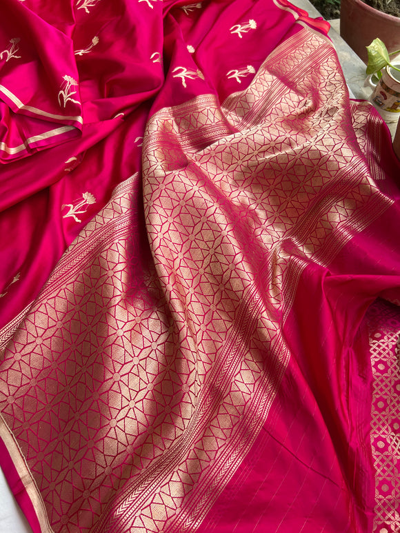 Rani Pink Banarasi Handloom Katan Satin Silk Saree - Aura Benaras