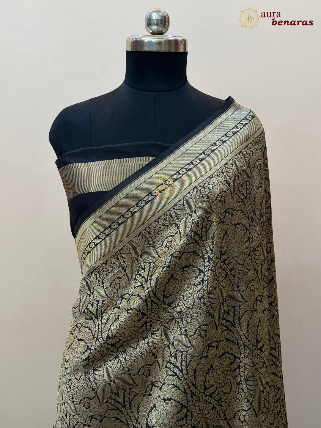 Black Katan Silk Banarasi Saree with Floral Brocade Work