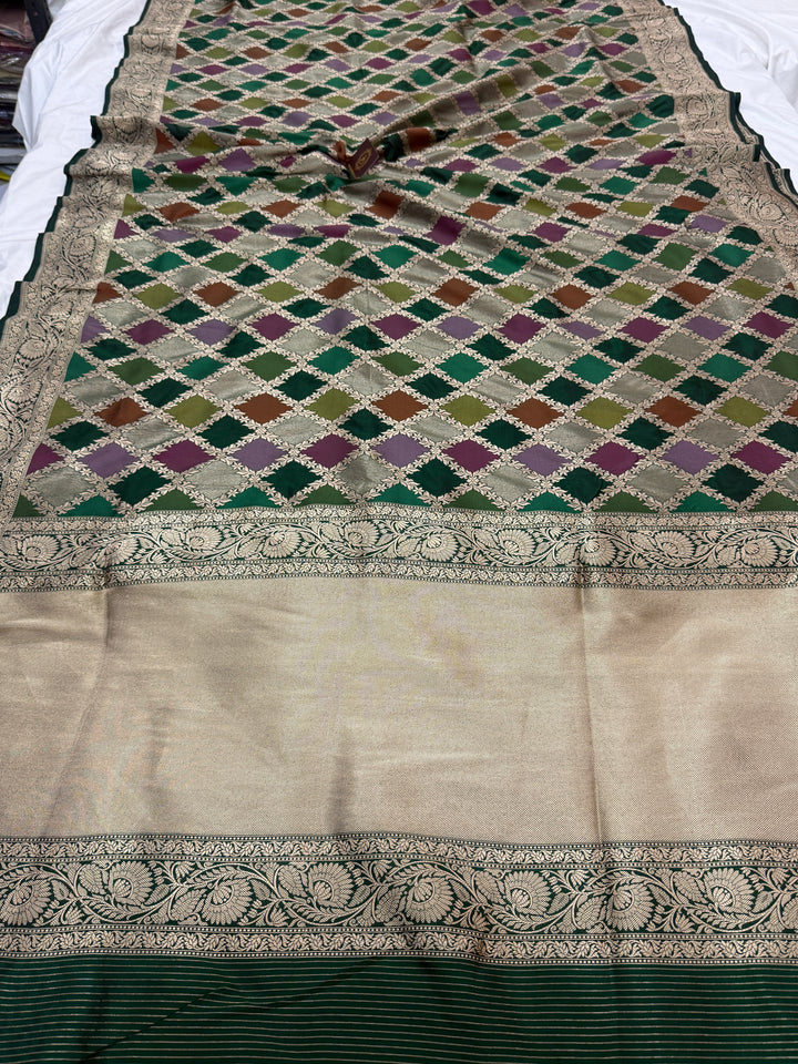 Bottle Green Rangkaat Pure Katan Silk Banarasi Handloom Saree